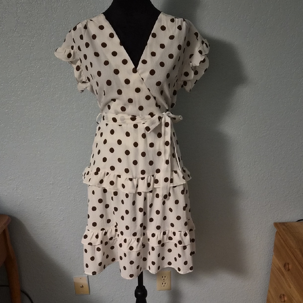Monteau Cream and Brown Polka Dot Midi Dress